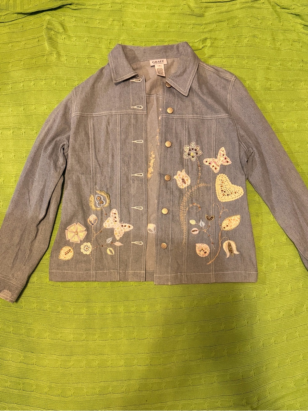 GRAFF Women’s Blue Embroidered Floral Butterfly Button Front Denim Jacket Size S